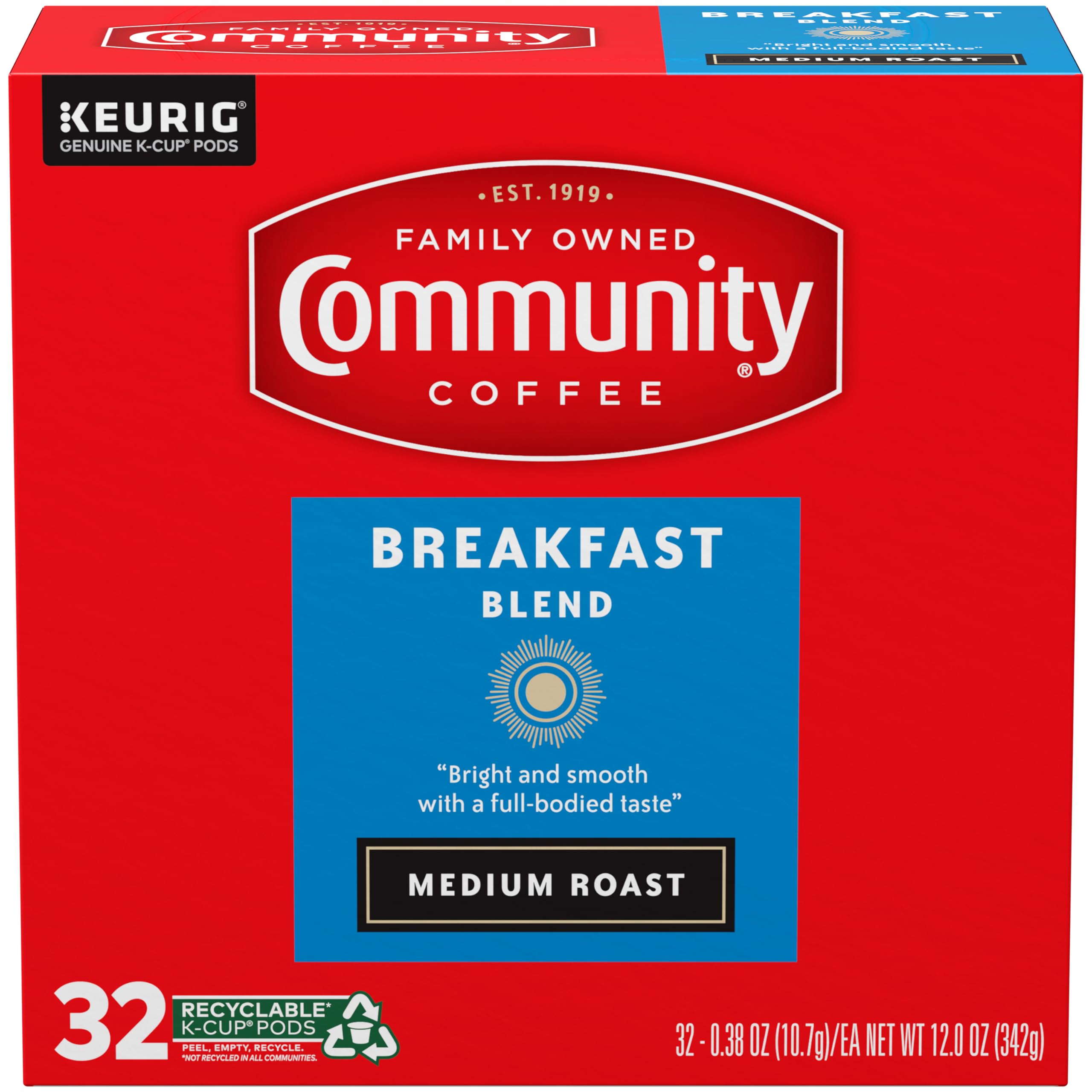 Community Coffee brewed cup pouring from Keurig with steam for a fresh morning cup