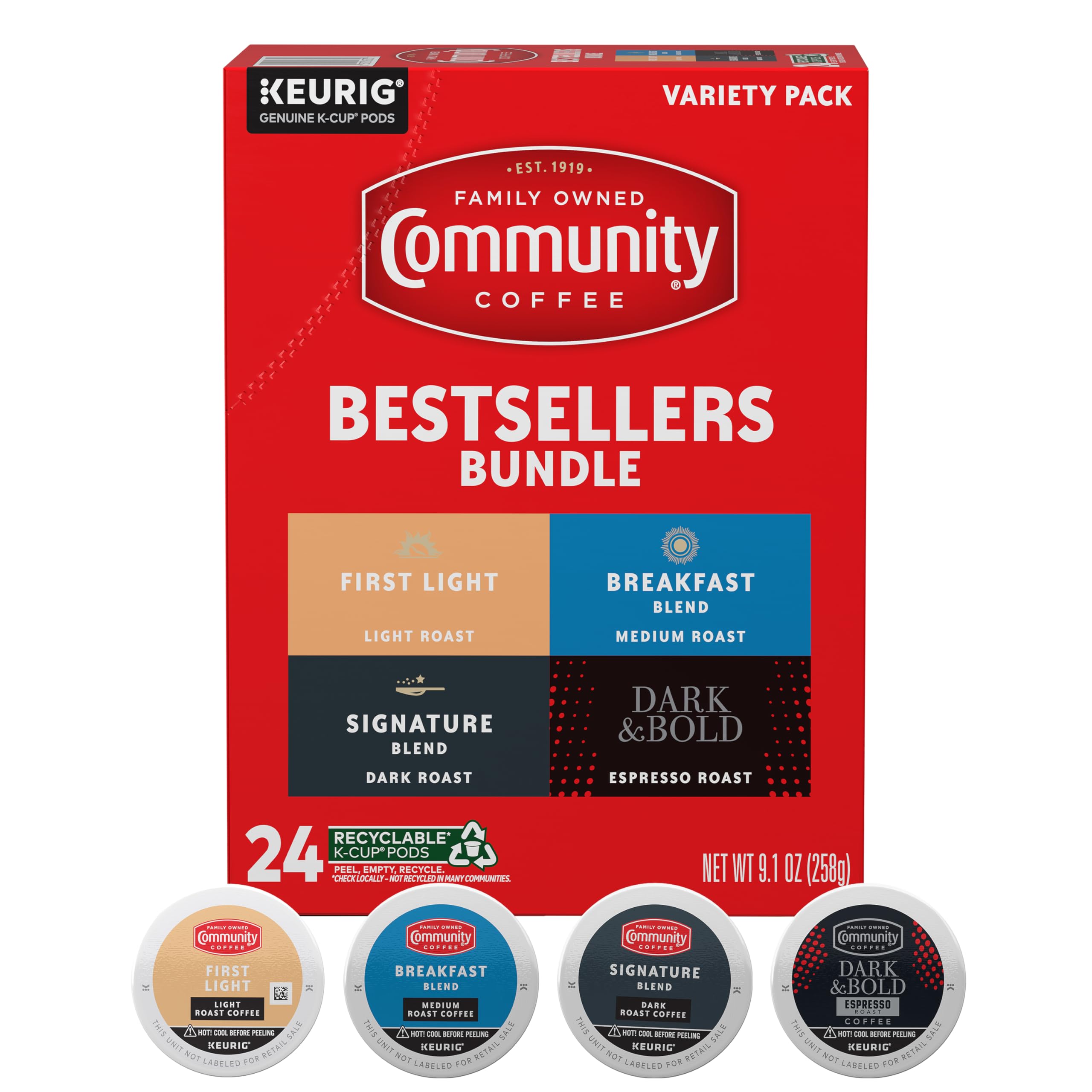 Community Coffee front packaging showing the variety pack and convenient pods