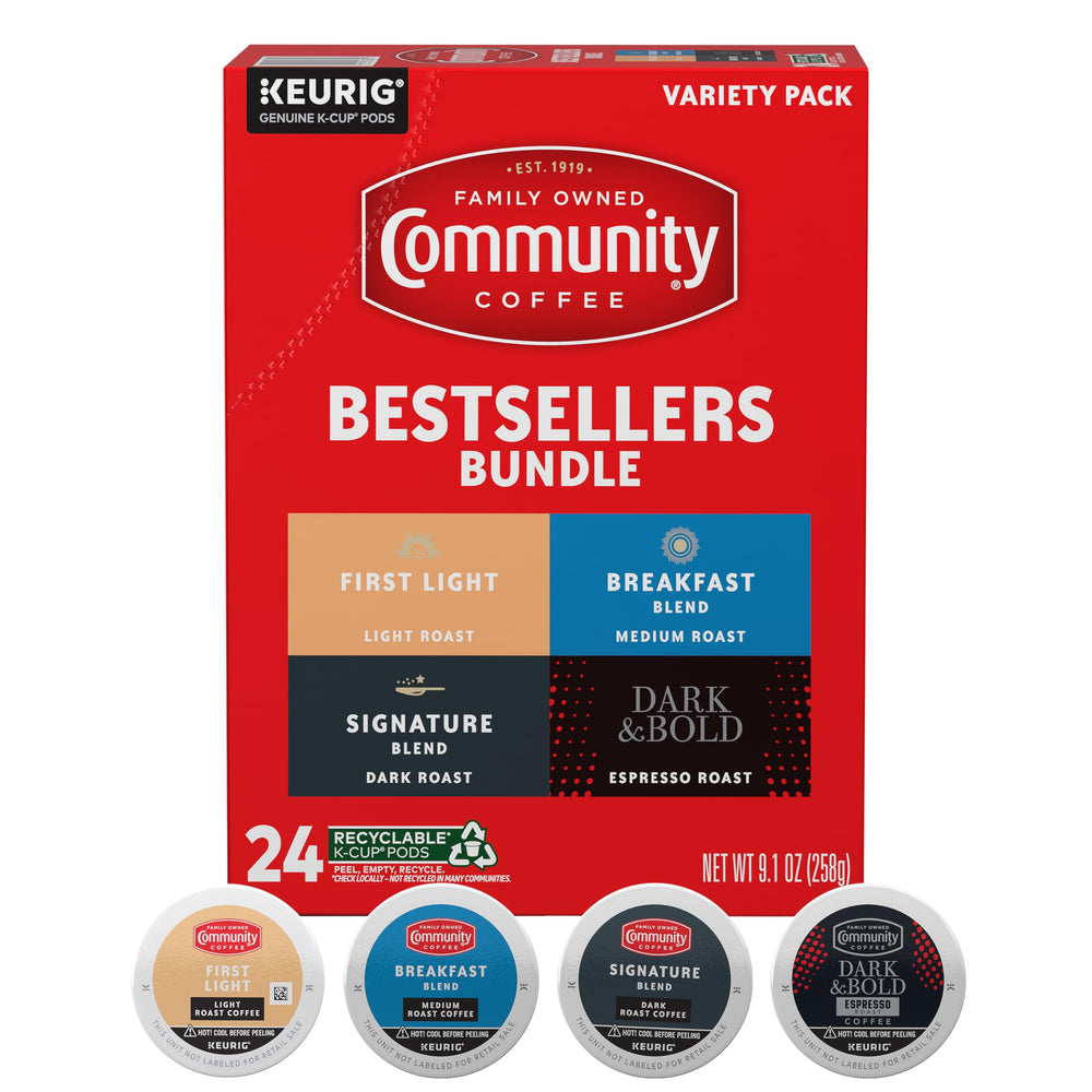 Community Coffee front packaging showing the variety pack and convenient pods