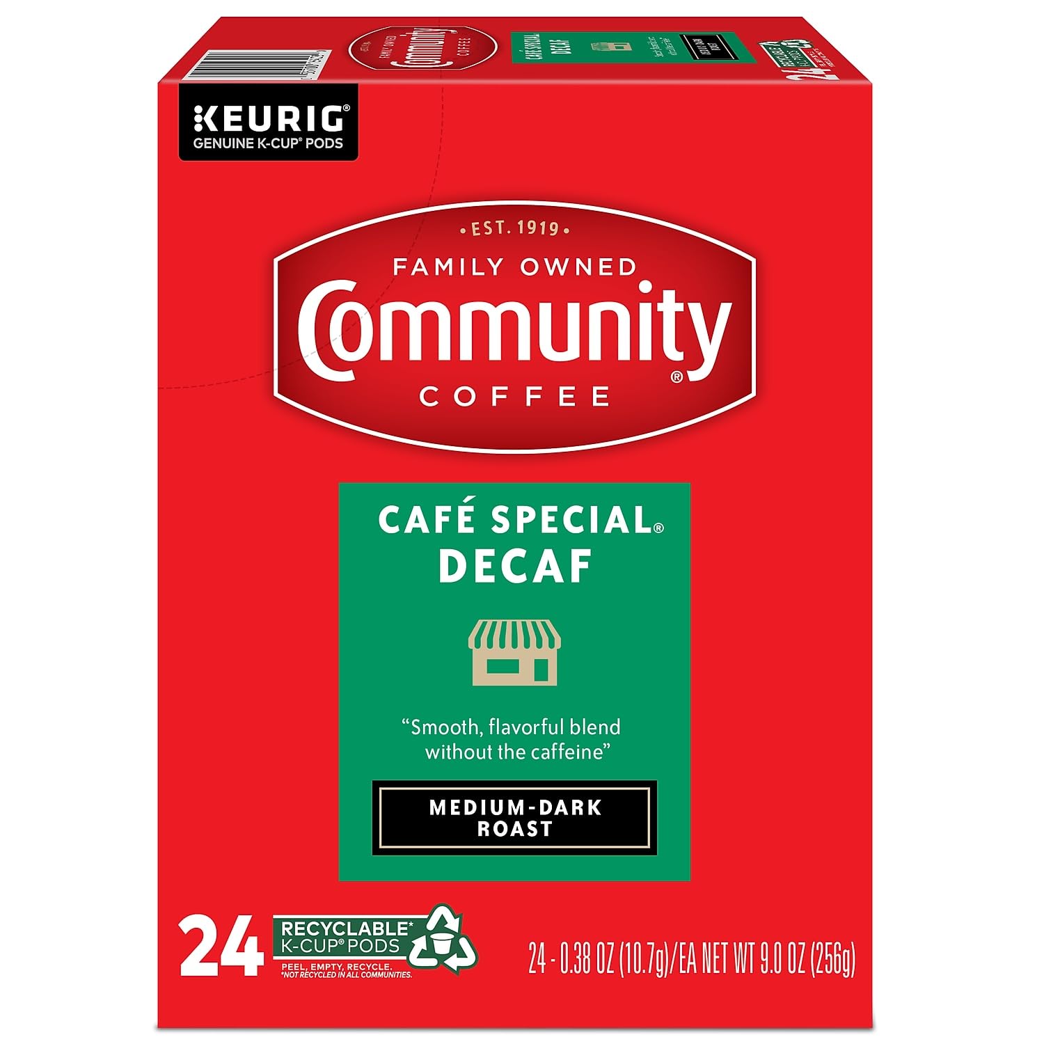 Community Coffee brewed cup of decaf displaying rich color and smooth crema