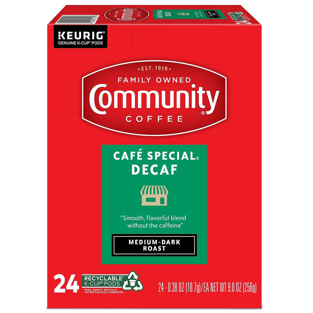Community Coffee brewed cup of decaf displaying rich color and smooth crema