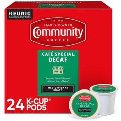 Community Coffee front pack showing 24-count decaf pods and convenience