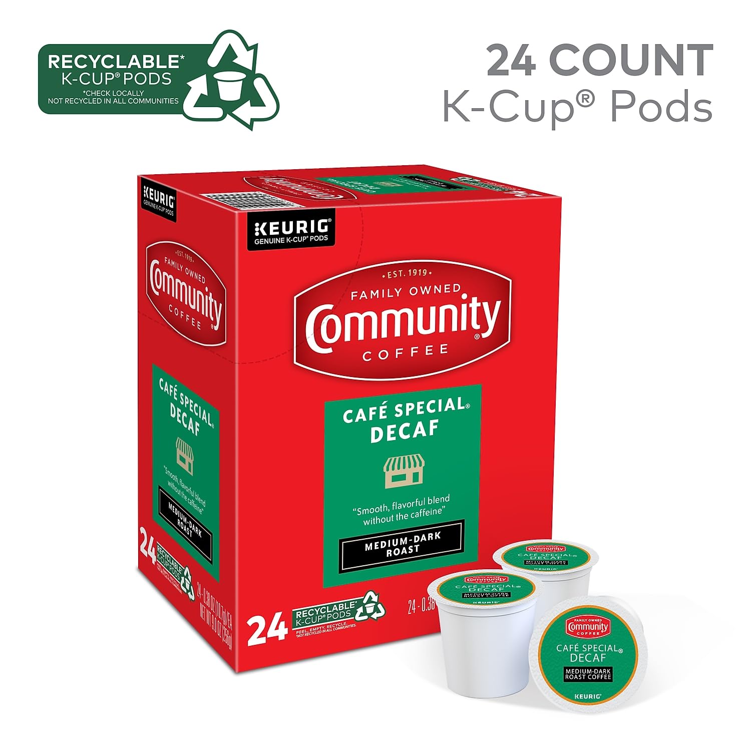 Community Coffee close-up of a single K-Cup pod revealing seal and freshness