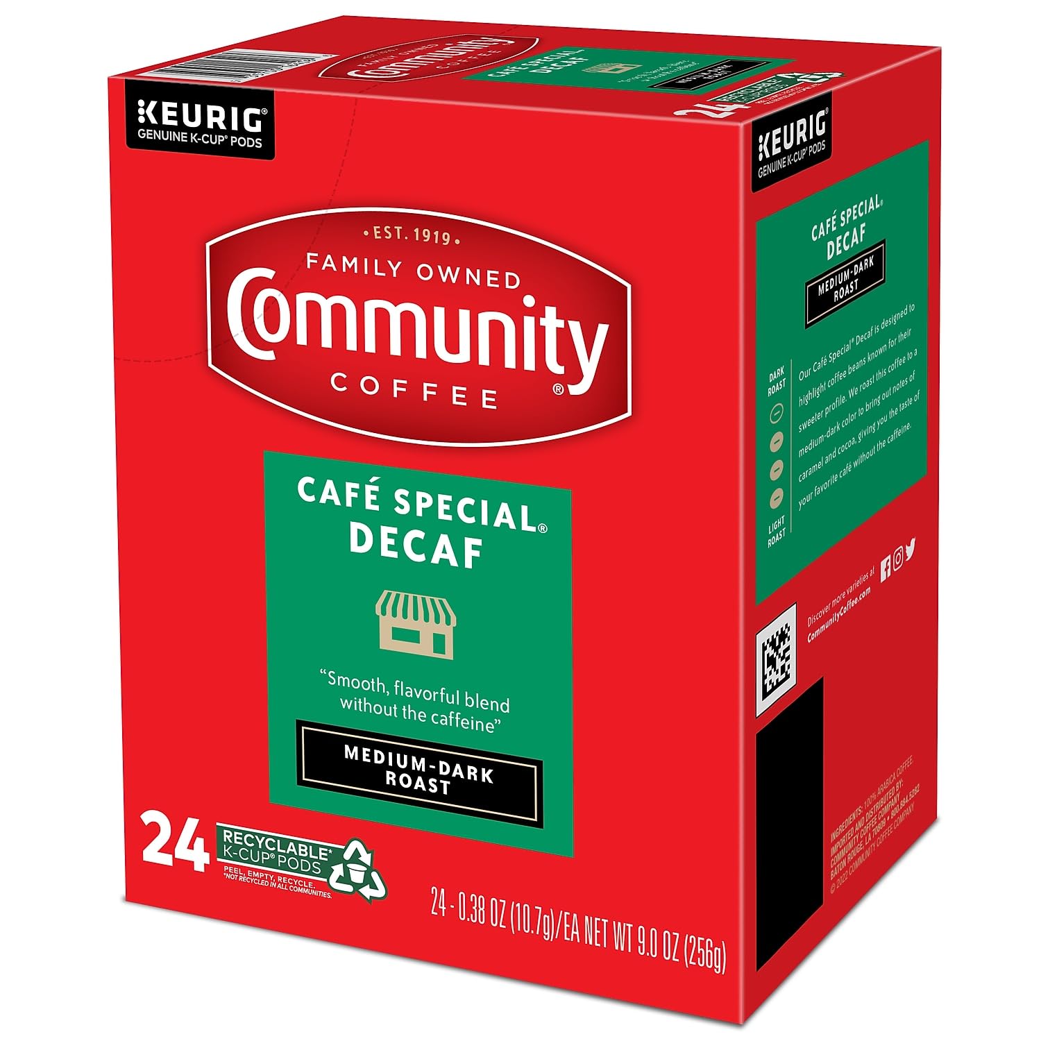 Community Coffee with a size comparison showing 24 pods versus household items