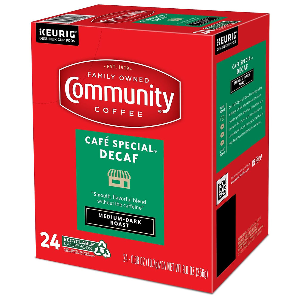 Community Coffee with a size comparison showing 24 pods versus household items