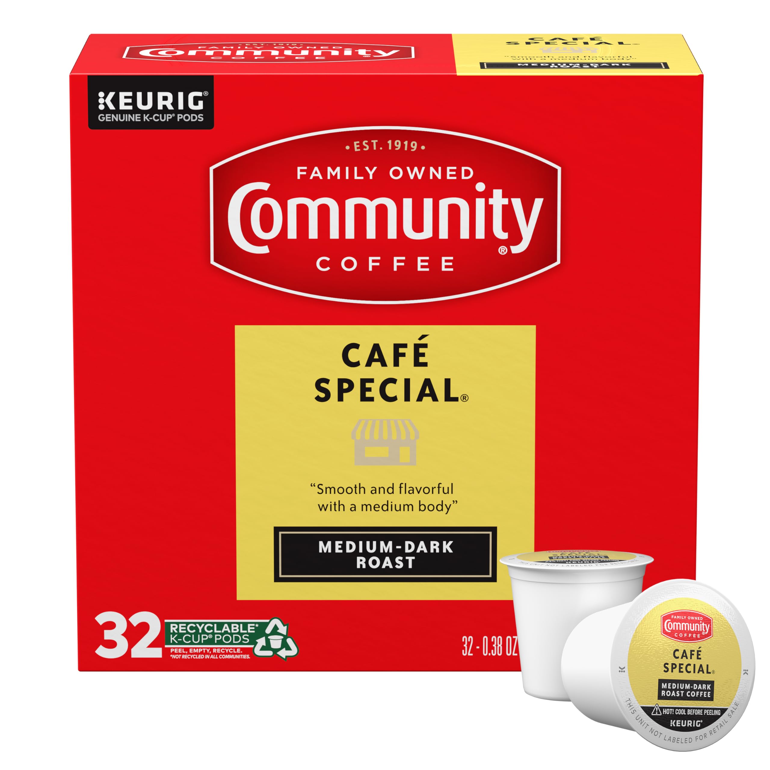 Community Coffee front box showing 32-count K-Cup pods and clear branding benefit convenience