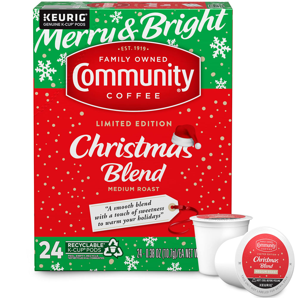 Community Coffee front packaging showing 24-count pods and seasonal branding benefit convenience