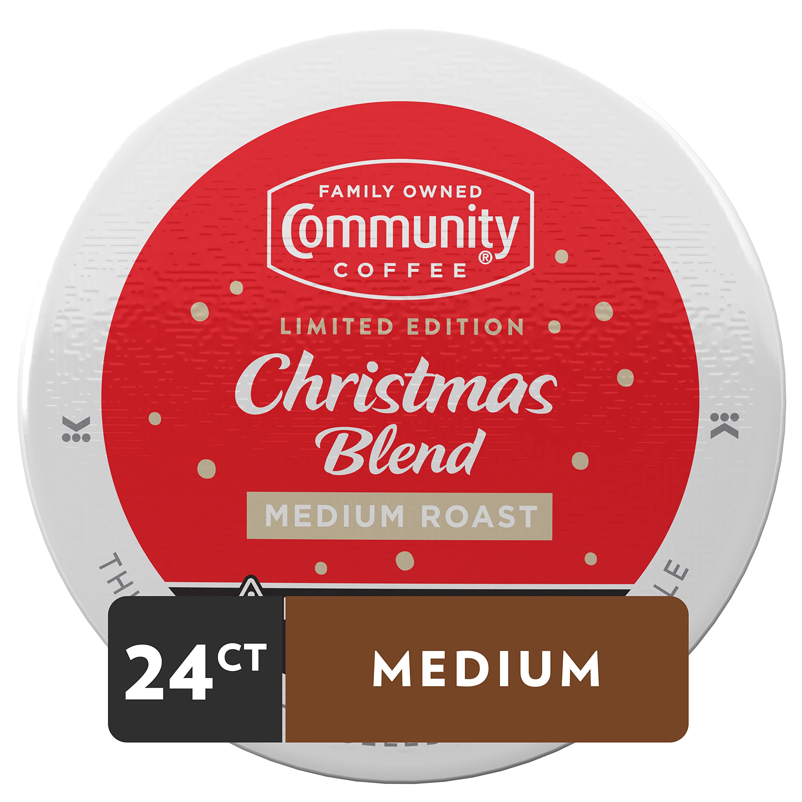 Label detail on Community Coffee package highlighting blend name and brand quality reassurance