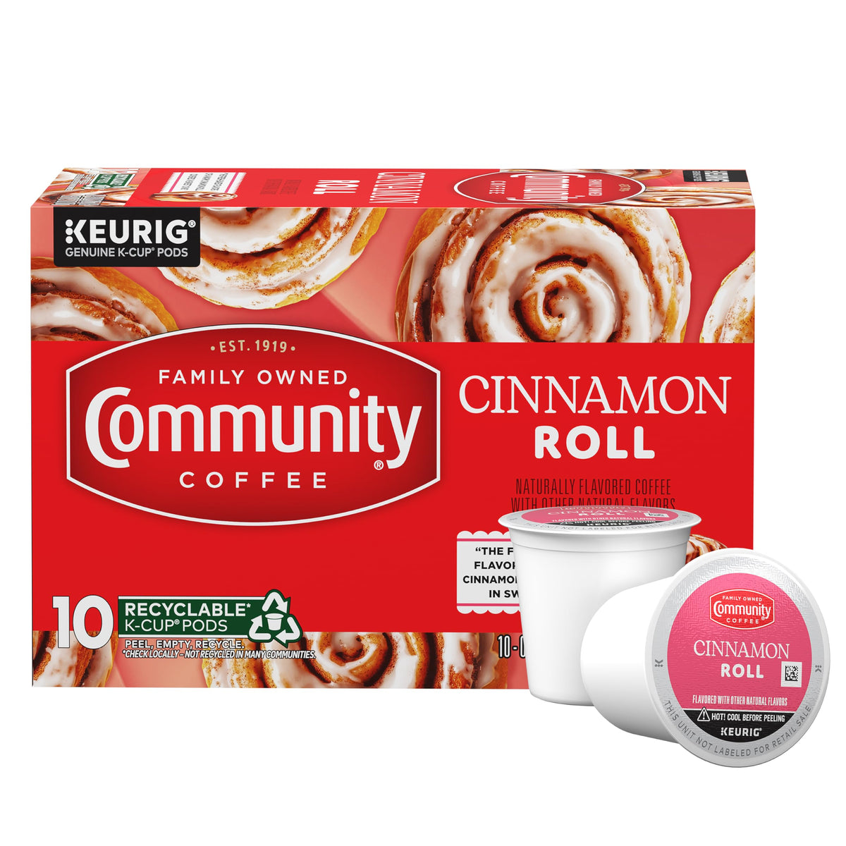 Community Coffee front packaging showing cinnamon roll flavor and benefits