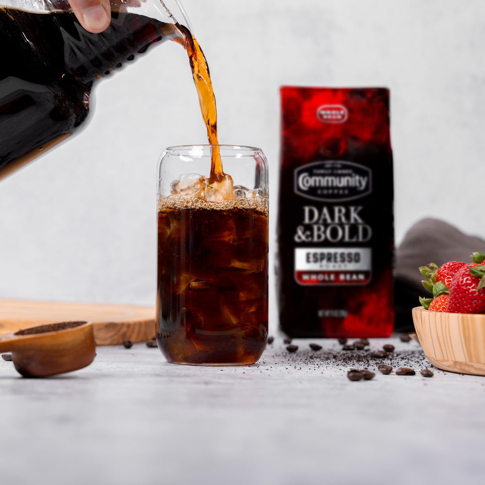 Community Coffee cold-brew pitcher setup showing steeping process and smooth result benefit