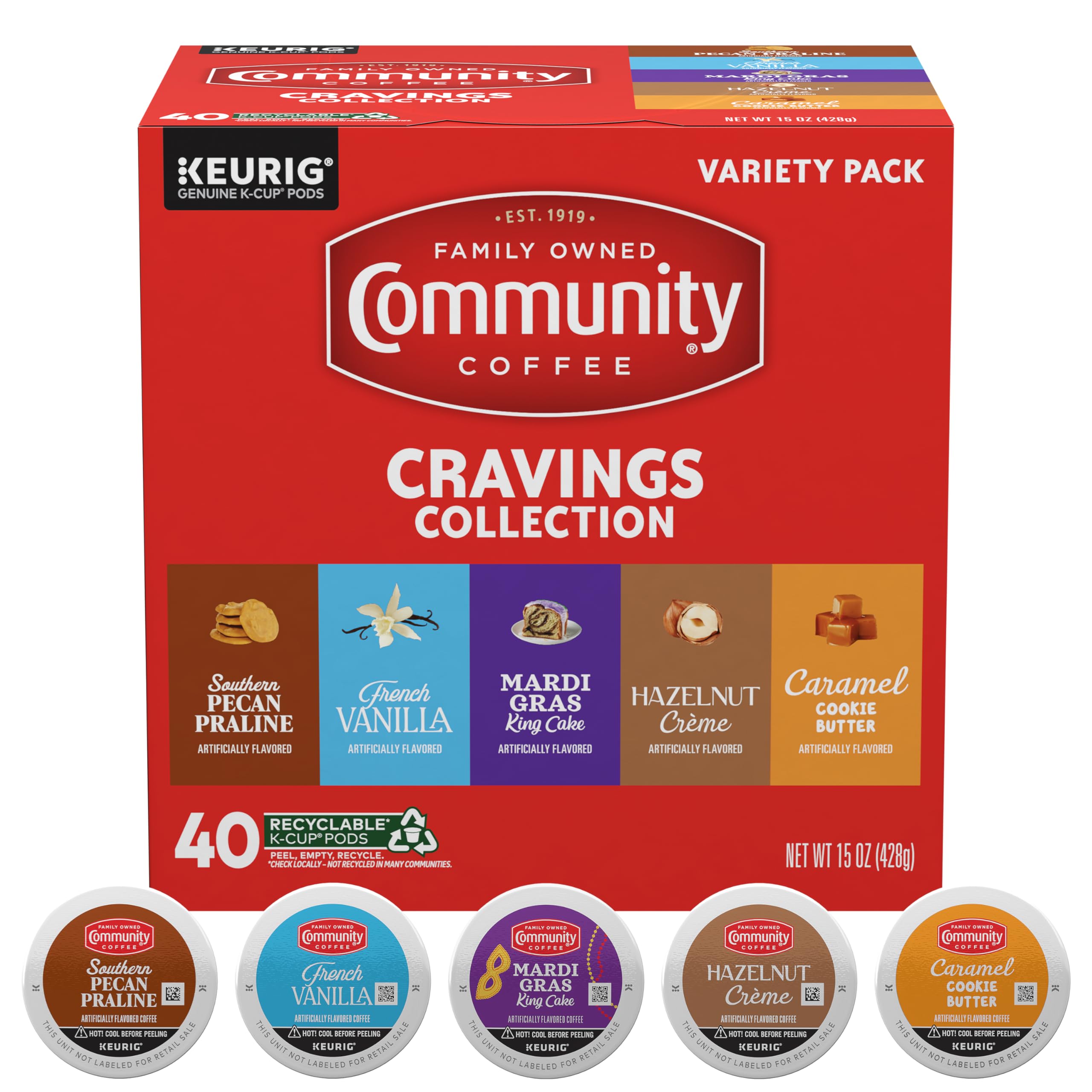Community Coffee front packaging showing Cravings Collection and flavor list for easy choice