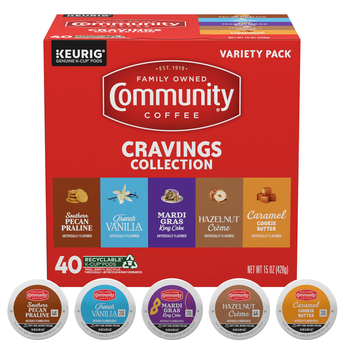 Community Coffee front packaging showing Cravings Collection and flavor list for easy choice