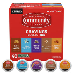 Community Coffee front packaging showing Cravings Collection and flavor list for easy choice