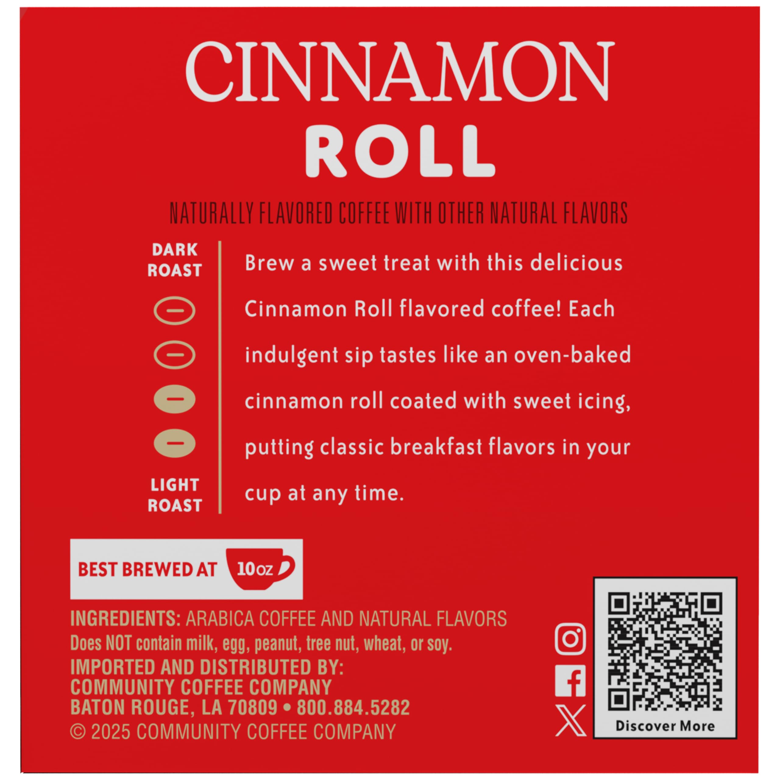 Community Coffee brewed cup in kitchen showing cozy cinnamon-roll comfort