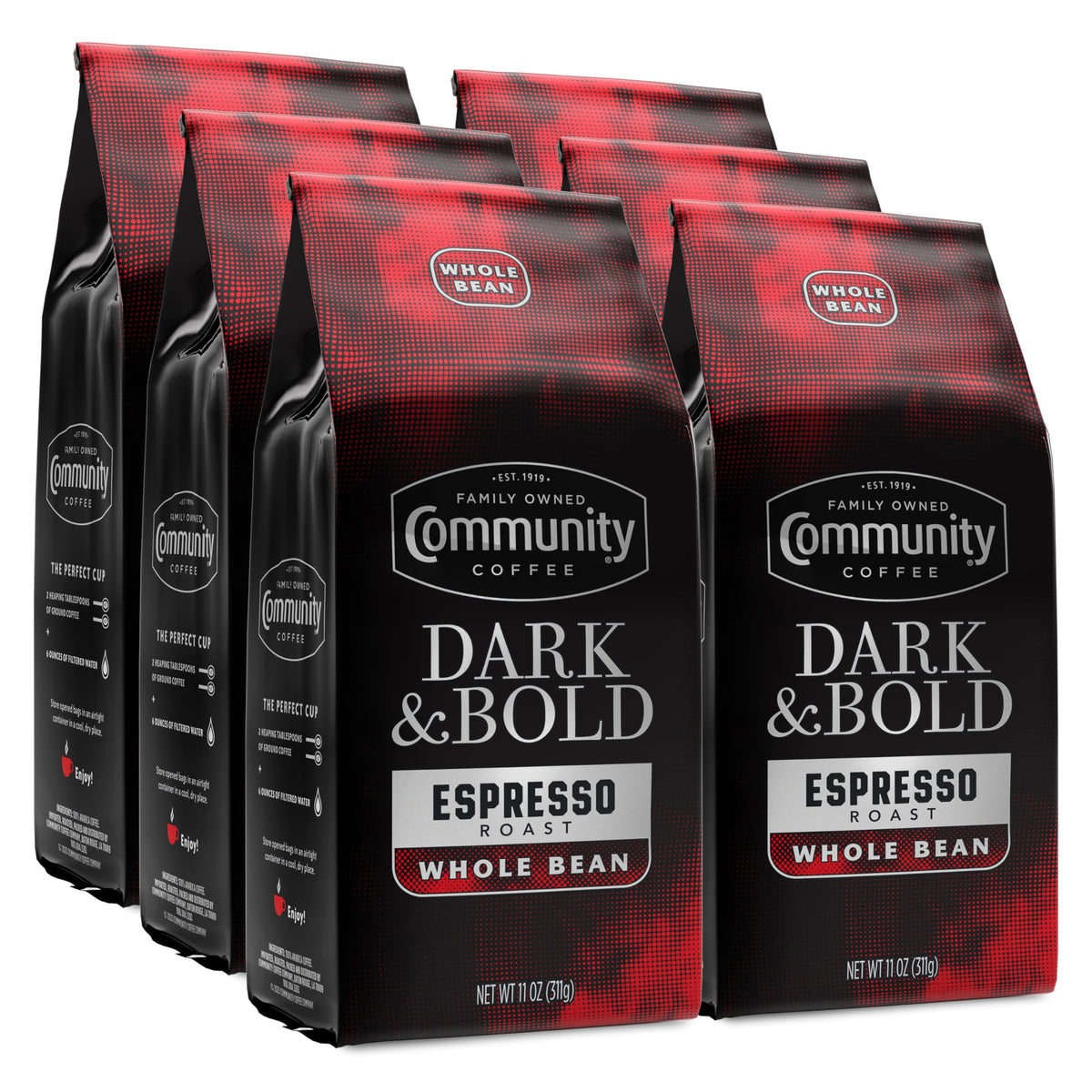 Community Coffee front packaging showing bold espresso roast and branding benefit freshness