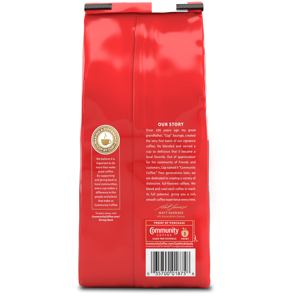 Community Coffee dark roast beans texture highlighting deep chocolate notes
