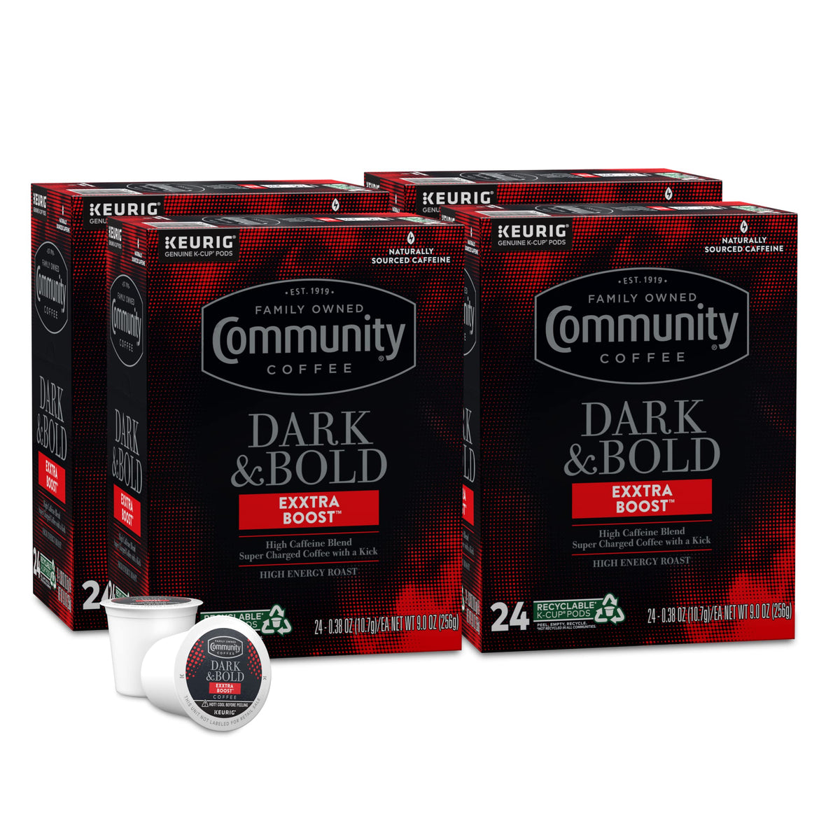 Community Coffee front packaging showing bold design and 96-count convenience
