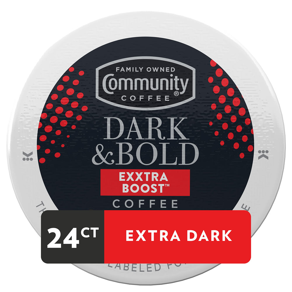 Community Coffee close-up of a single Exxtra Boost pod highlighting roast consistency