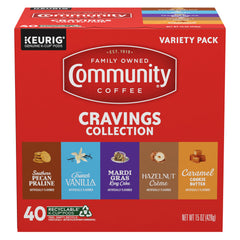 Community Coffee five-flavor layout with pods displaying variety and sampling benefit