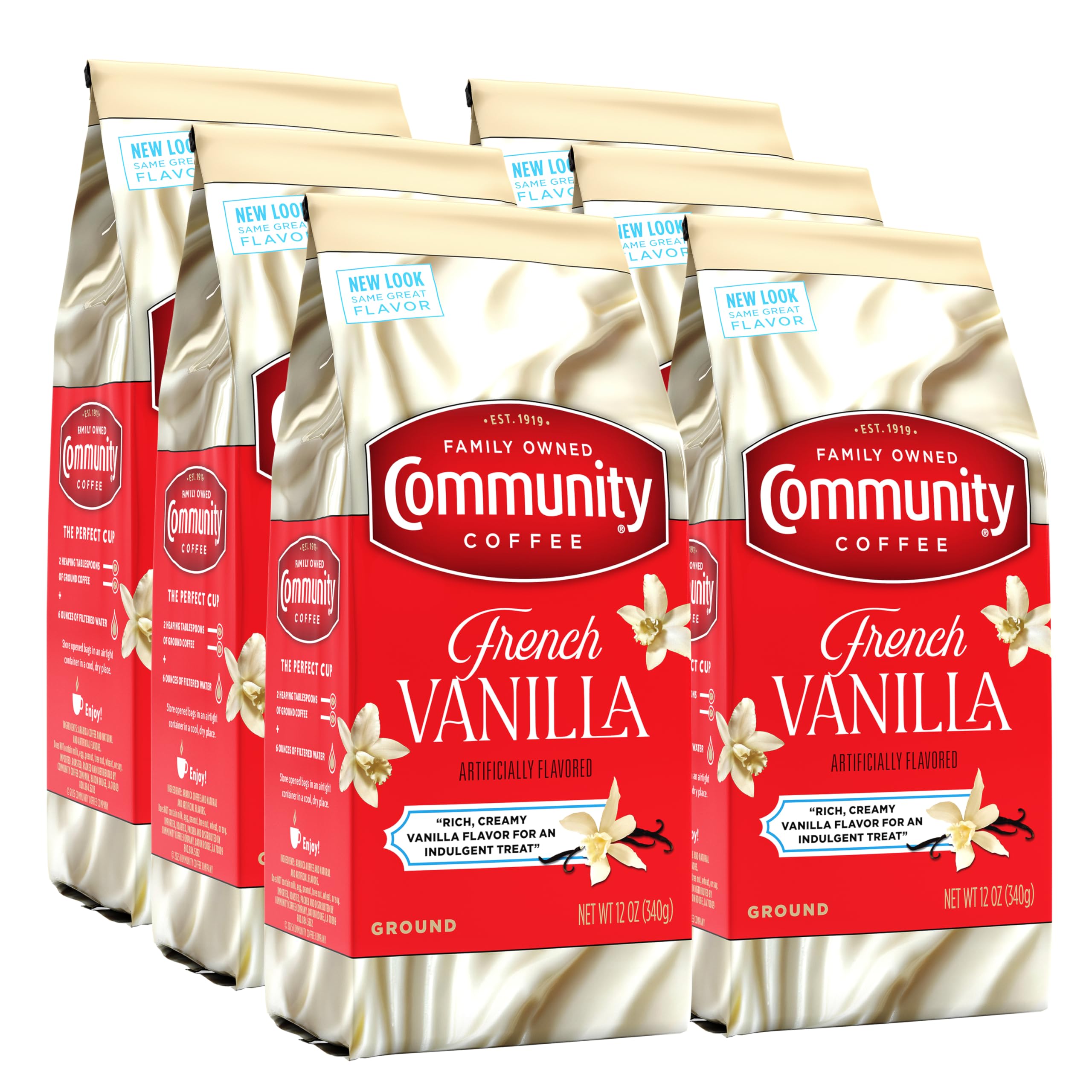 Community Coffee front packaging showing six 12oz bags and brand benefit of fresh convenience