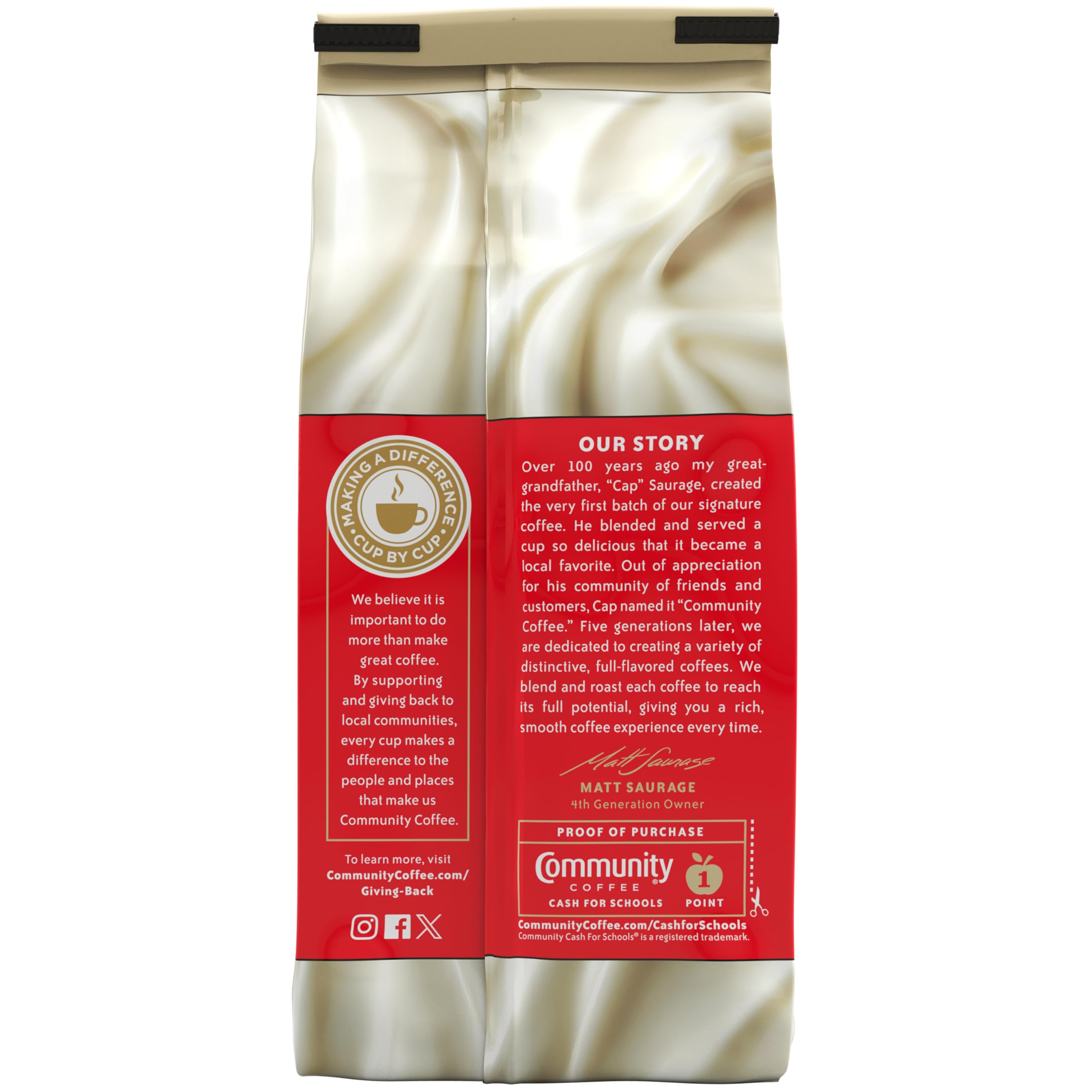 Community Coffee open bag of grounds highlighting aroma and ready-to-brew convenience