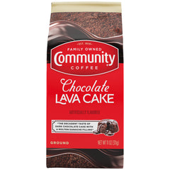 Community Coffee front packaging showing chocolate lava cake flavor, clear dessert appeal
