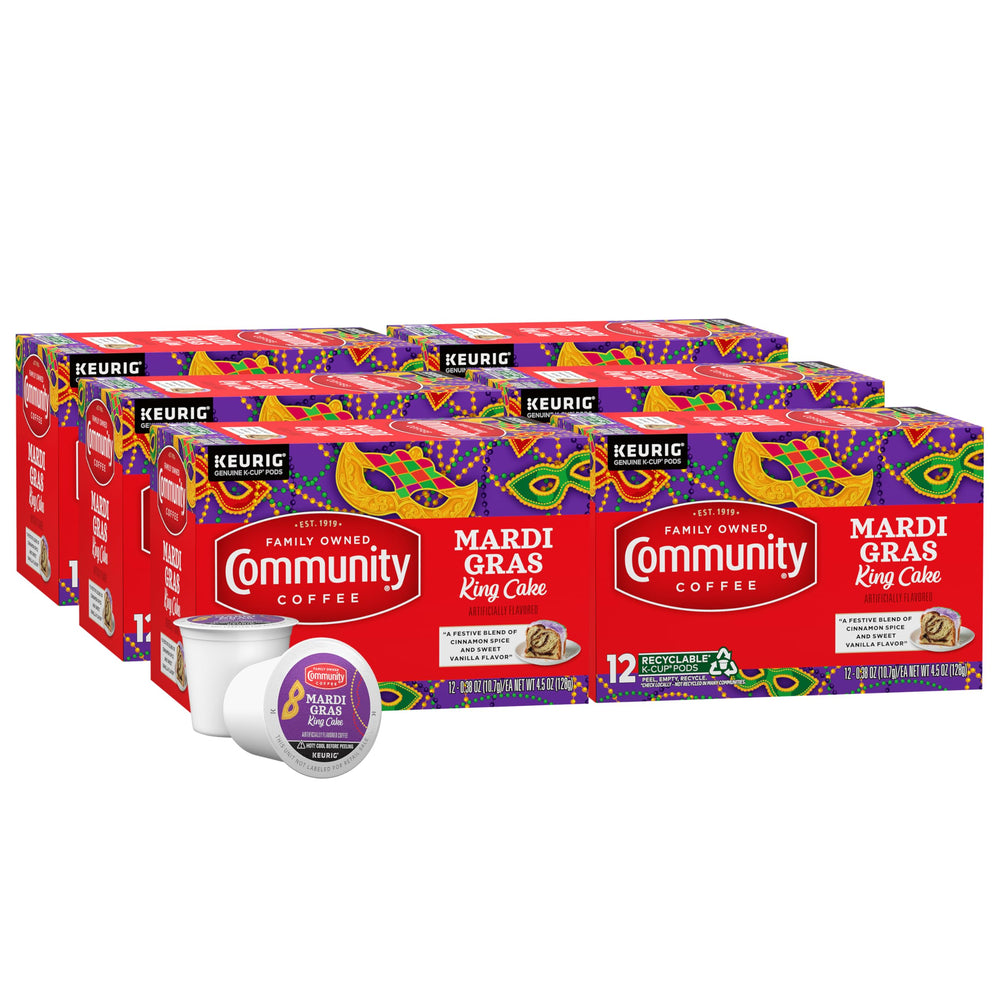 Community Coffee front packaging showing Mardi Gras King Cake flavor and pack benefits