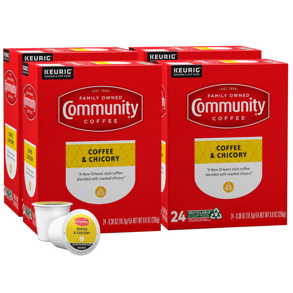 Community Coffee front packaging showing 96 pods and brand freshness benefit