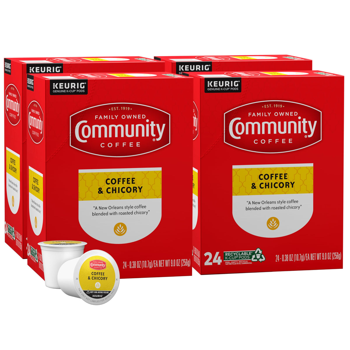 Community Coffee front packaging showing 96 pods and brand freshness benefit