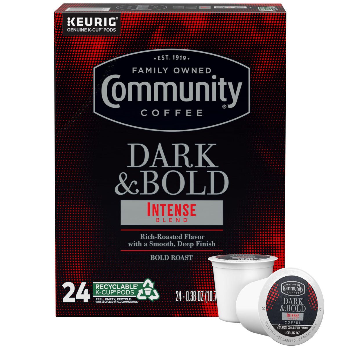 Community Coffee front packaging showing 24 pods and bold roast benefit