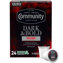 Community Coffee front packaging showing 24 pods and bold roast benefit