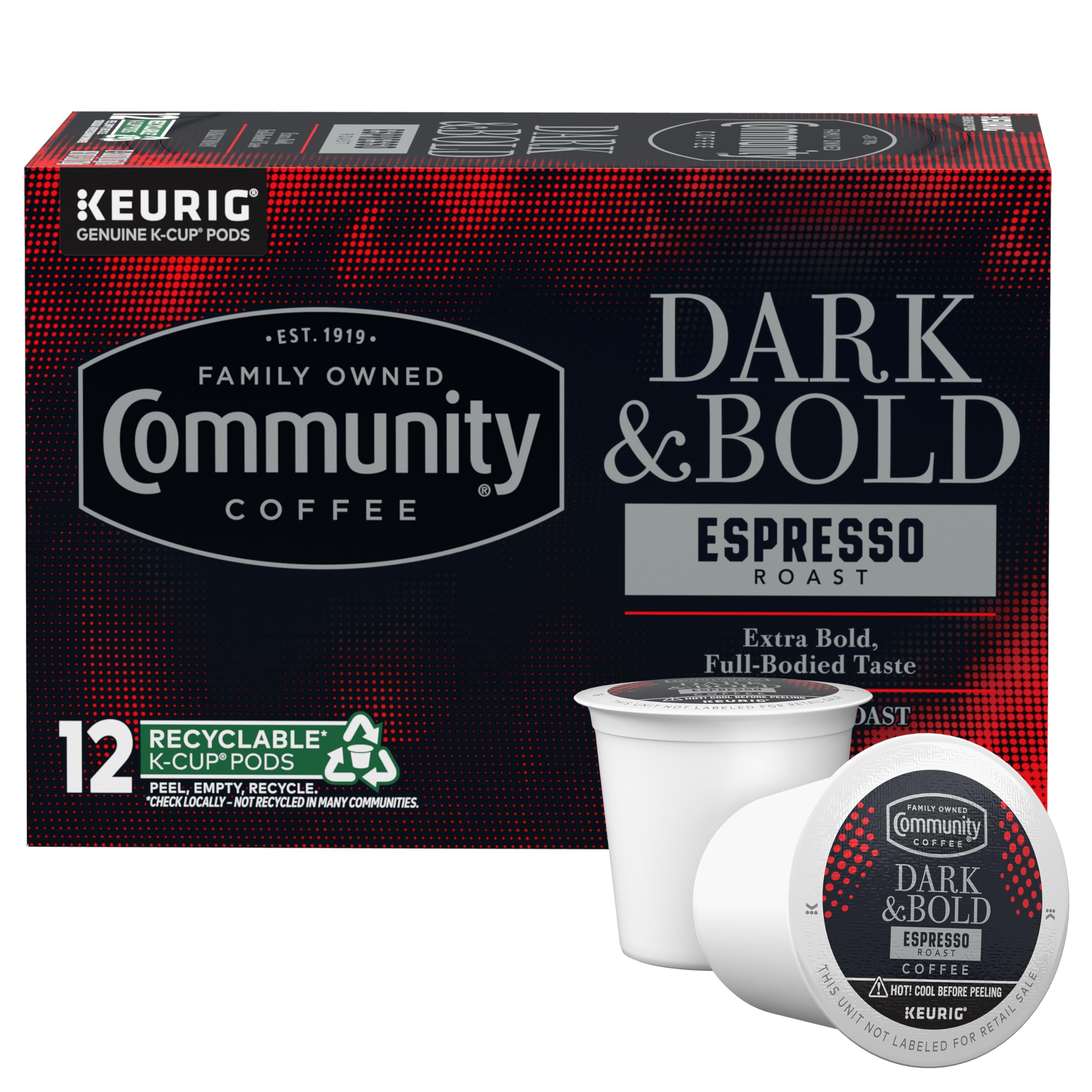 Community Coffee front packaging showing bold espresso roast and 12-count convenience