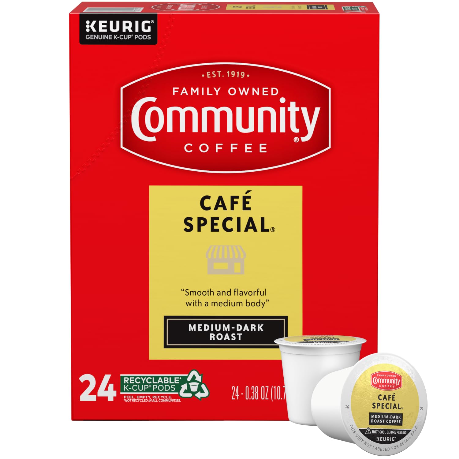 Community Coffee front packaging showing 24 K-Cup pods and brand benefit