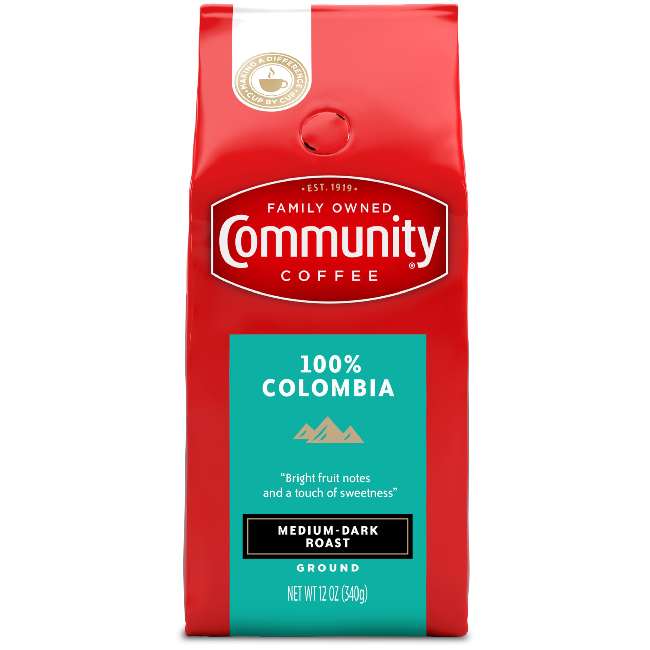 Community Coffee front packaging shows 12 oz bag and clear roast identity benefits convenience