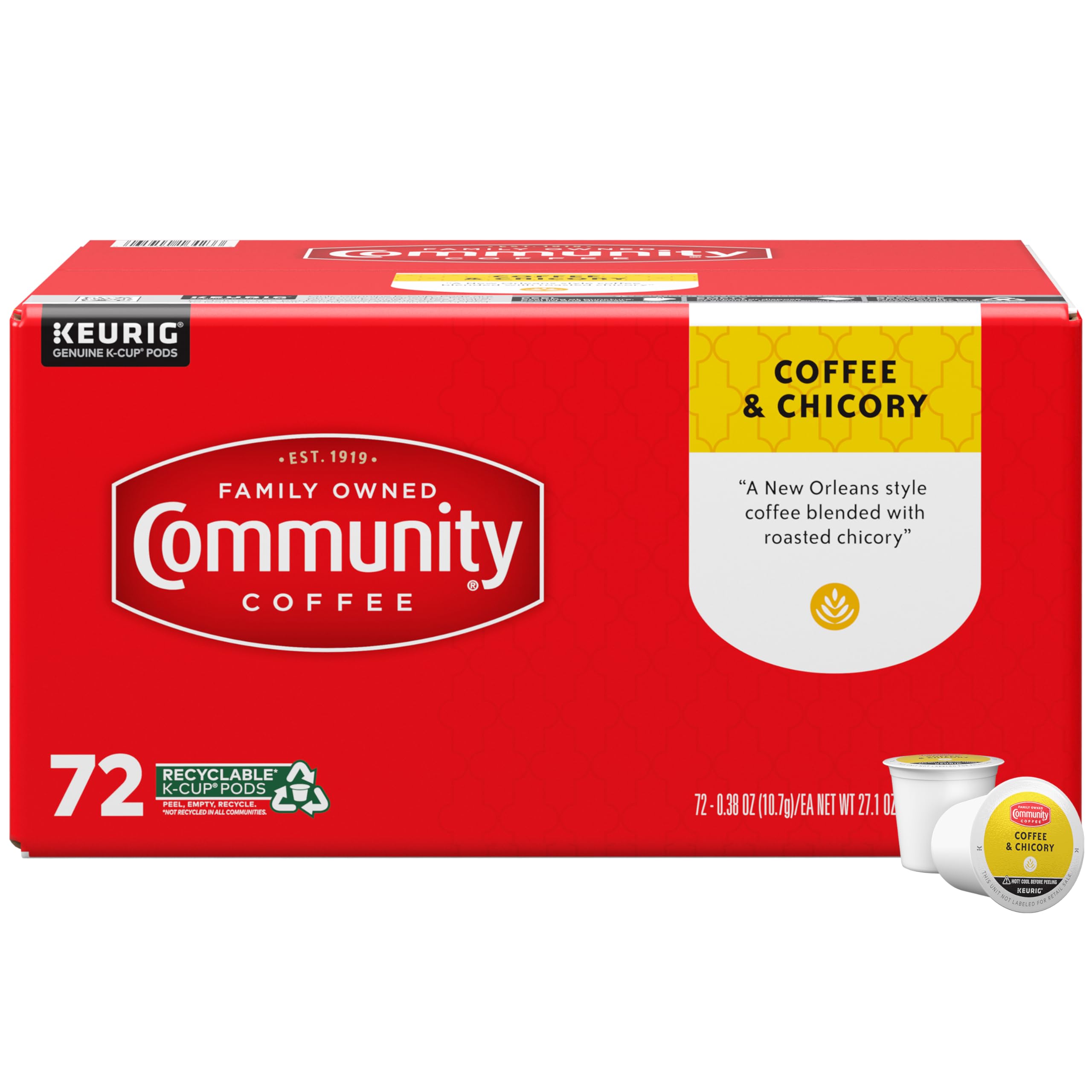 Community Coffee front packaging showing 72-count pods and bold branding benefit convenience
