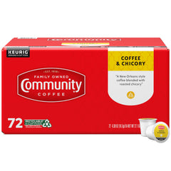 Community Coffee front packaging showing 72-count pods and bold branding benefit convenience