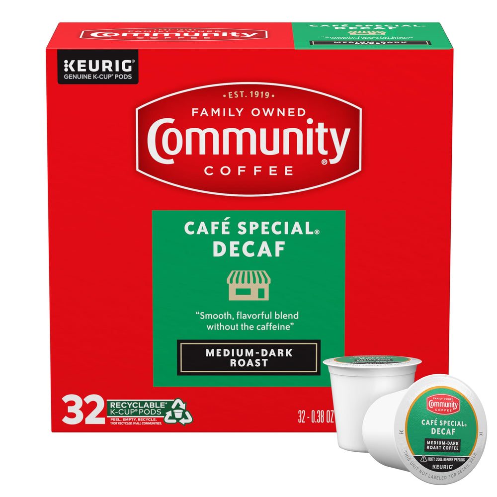 Community Coffee front packaging showing 32-count K-Cup box and convenience