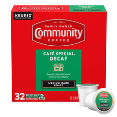 Community Coffee front packaging showing 32-count K-Cup box and convenience