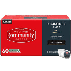 Community Coffee front packaging box showing 60 pods and dark roast branding, convenient supply