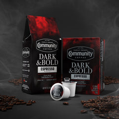 Community Coffee grounds texture detail showing dark roast grind for full-bodied flavor