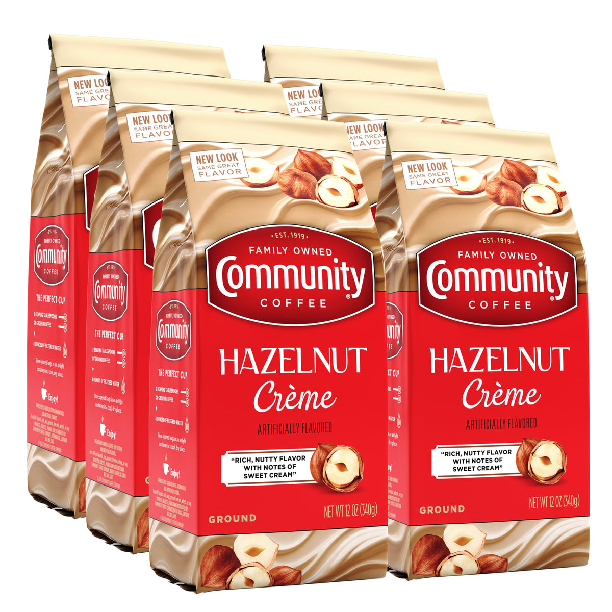Community Coffee front packaging showing hazelnut crème flavor and pack benefit