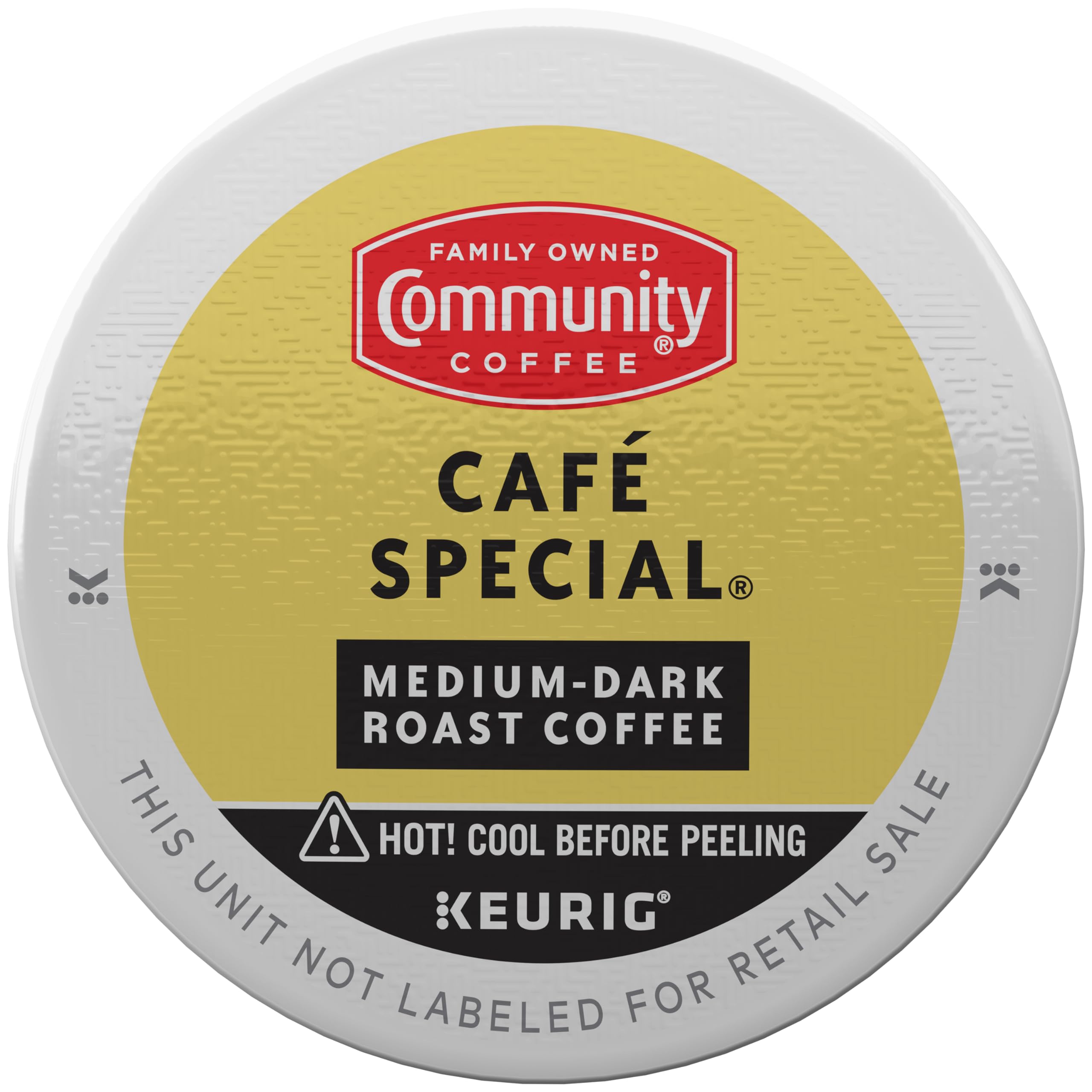 Close-up of a Community Coffee K-Cup pod showing lid detail and easy single-serve brewing