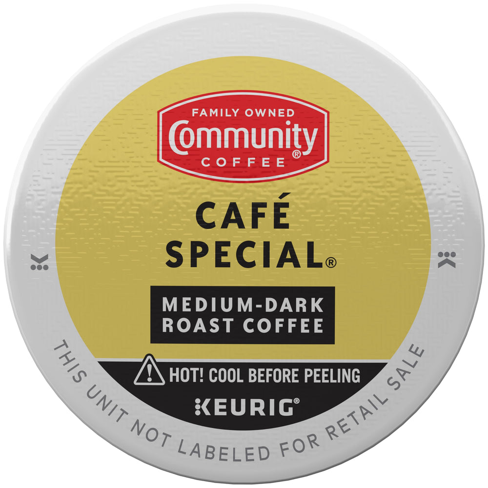 Close-up of a Community Coffee K-Cup pod showing lid detail and easy single-serve brewing