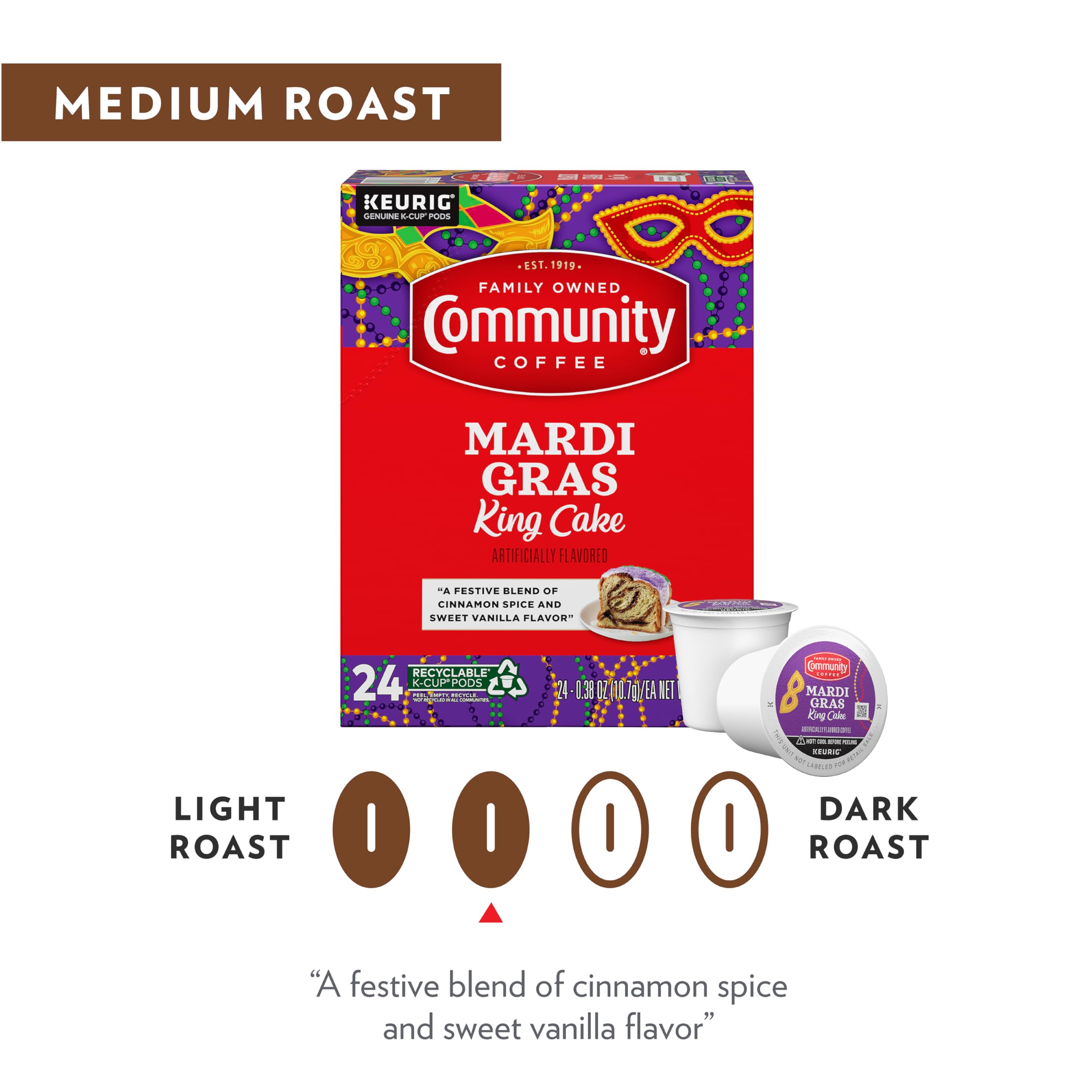 Community Coffee row of pods lined up demonstrating portion control and easy use