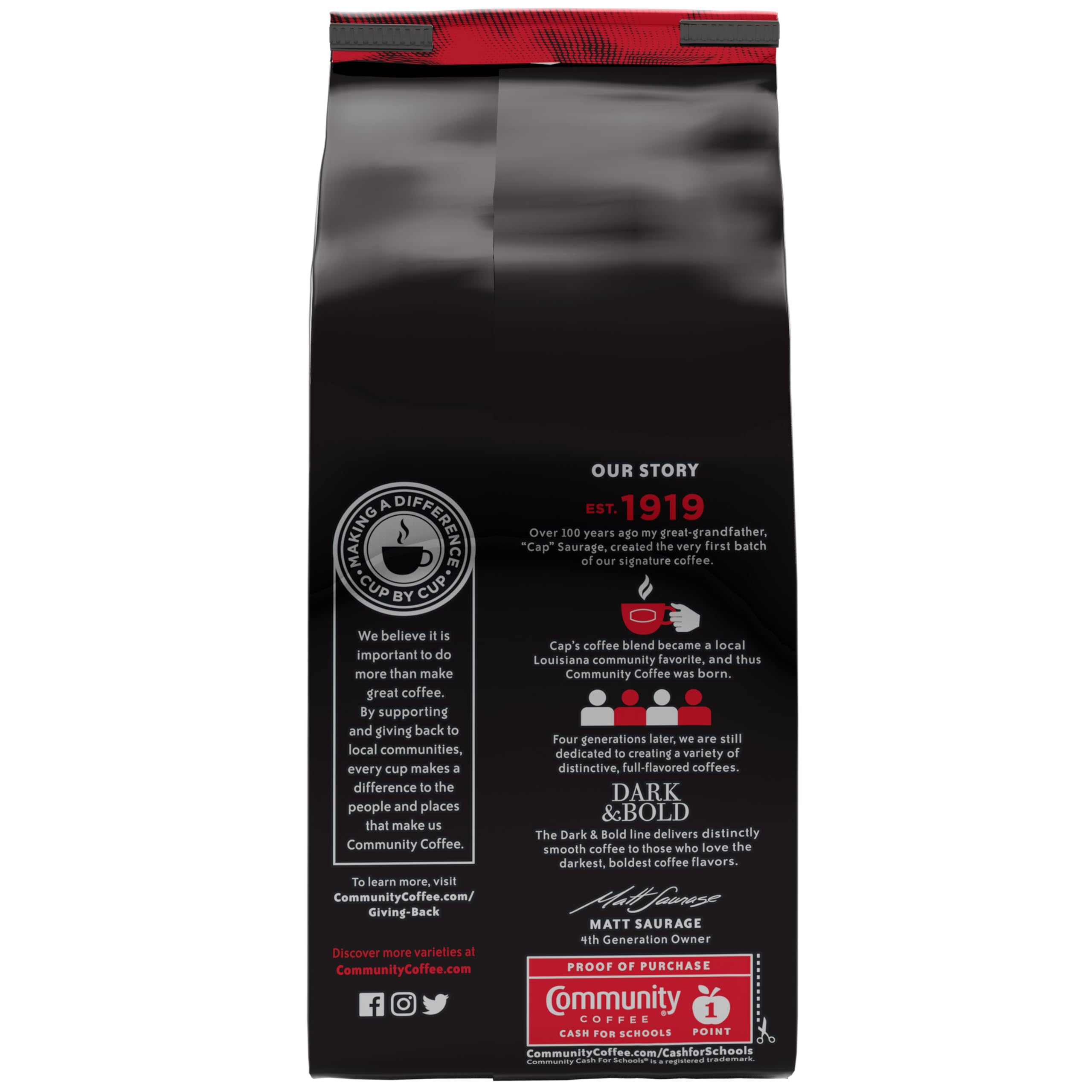 Community Coffee label and roast-detail view showing dark roast level and clarity benefit