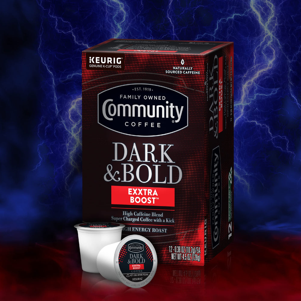 Community Coffee cup and pods in morning setting conveying energy boost
