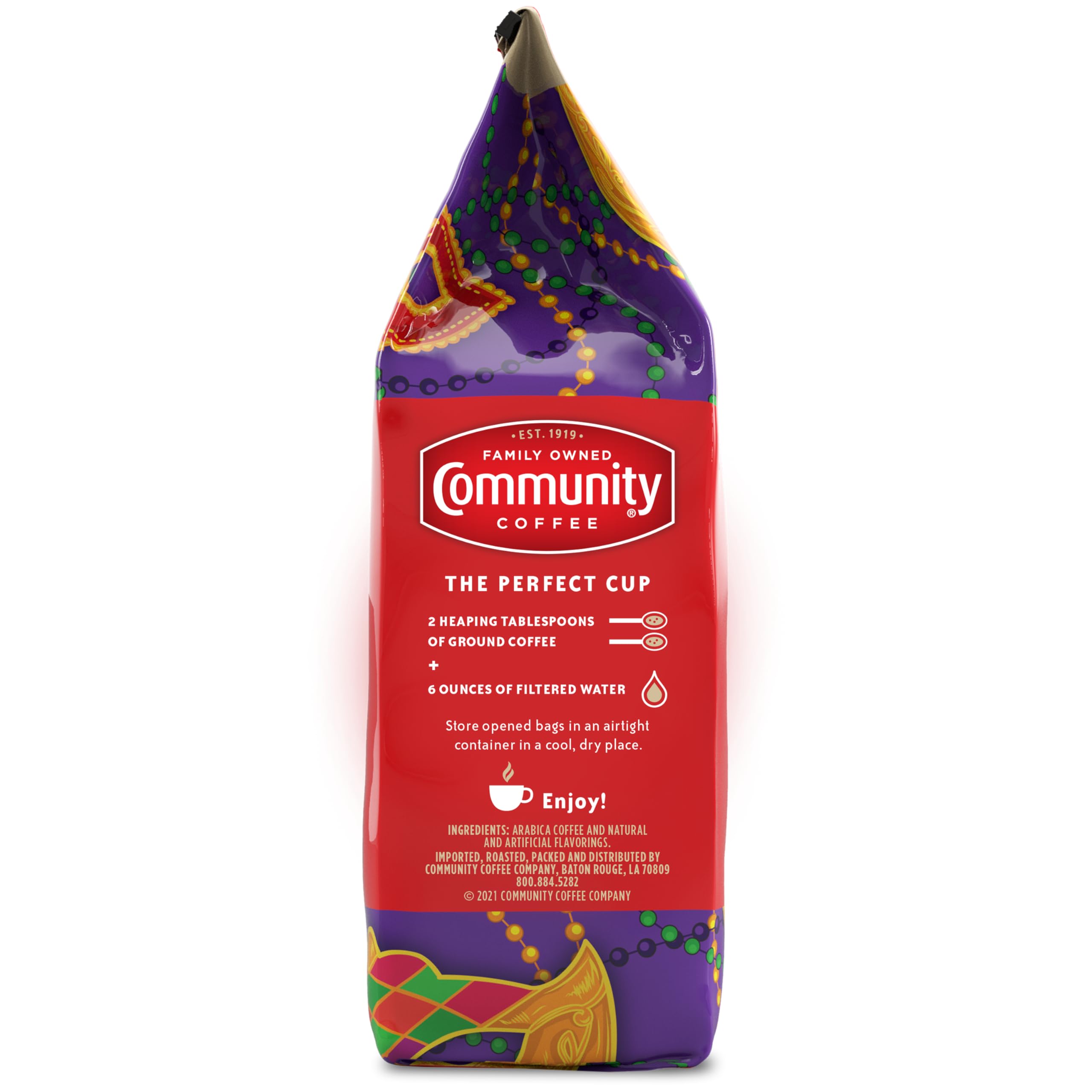 Community Coffee label detail reading Mardi Gras King Cake flavor and roast information clearly