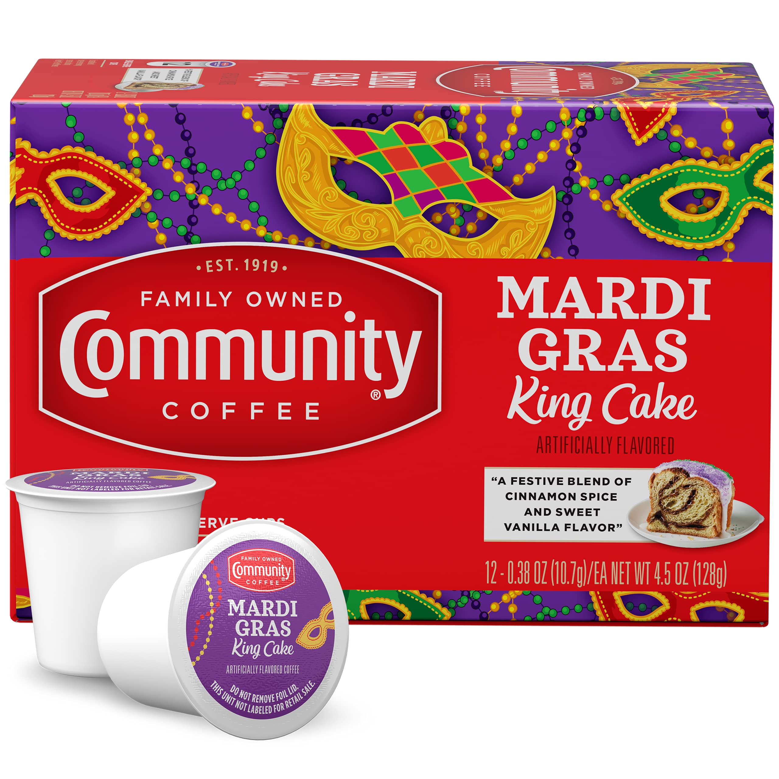 Community Coffee front packaging showing Mardi Gras King Cake pods and festive design benefits quick flavor