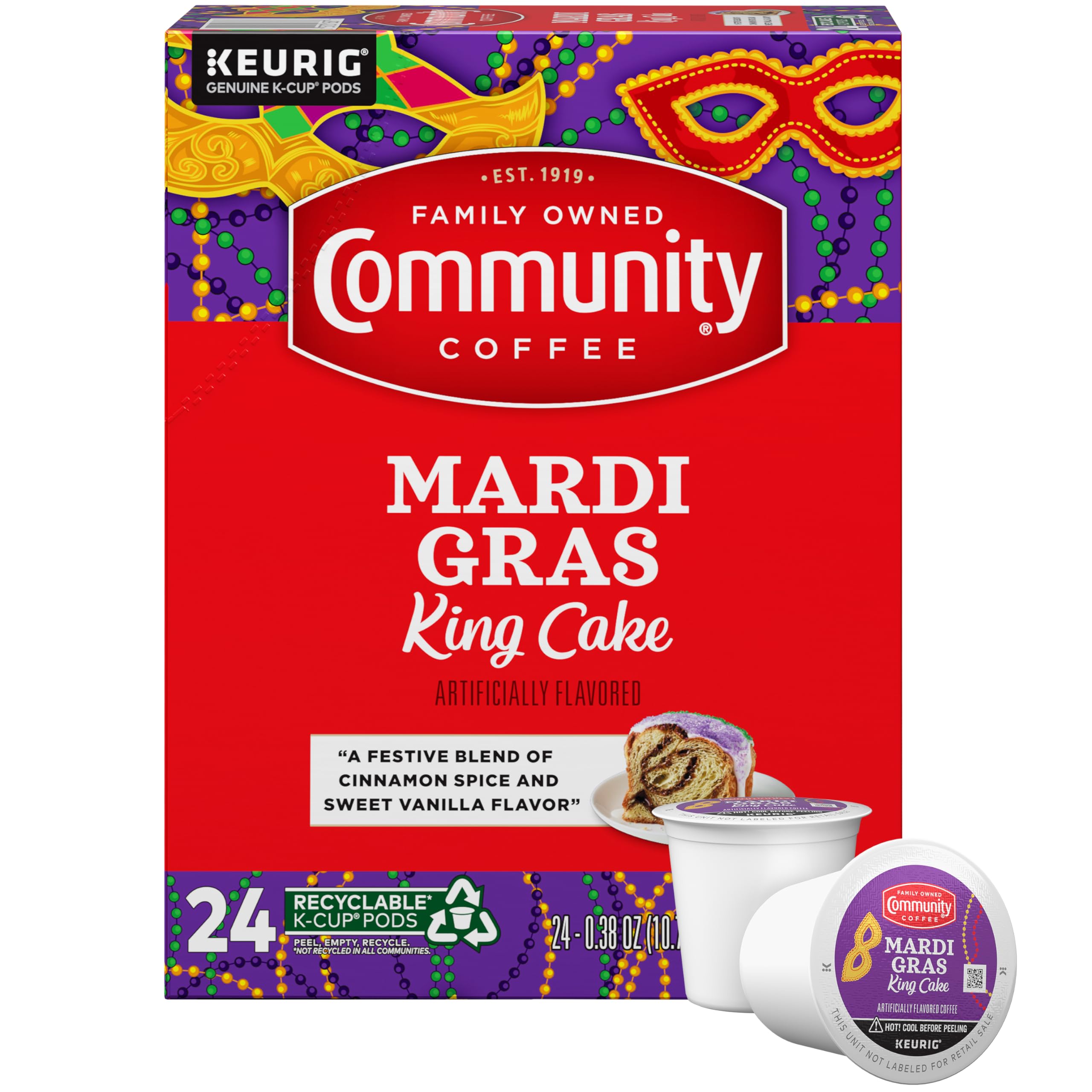 Community Coffee front packaging showing festive king cake design and 24 count convenience