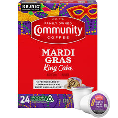Community Coffee front packaging showing festive king cake design and 24 count convenience
